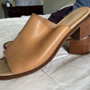 INTENTIONALLY BLANK Tan Mules with Stacked Heel